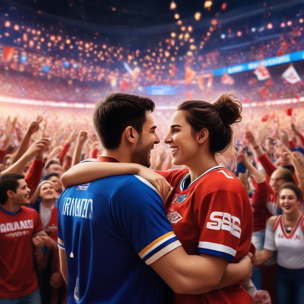 A dynamic sports arena filled with cheering fans, with two individuals sharing a heartfelt moment amidst the excitement, capturing their romantic connection over a shared love for the game. In the background, vibrant team colors and banners flutter, while soft lighting highlights the couple's expressions of joy and passion. Include elements of sports paraphernalia to indicate the event, such as jerseys and foam fingers. super-realistic. vibrant colors. 3D.