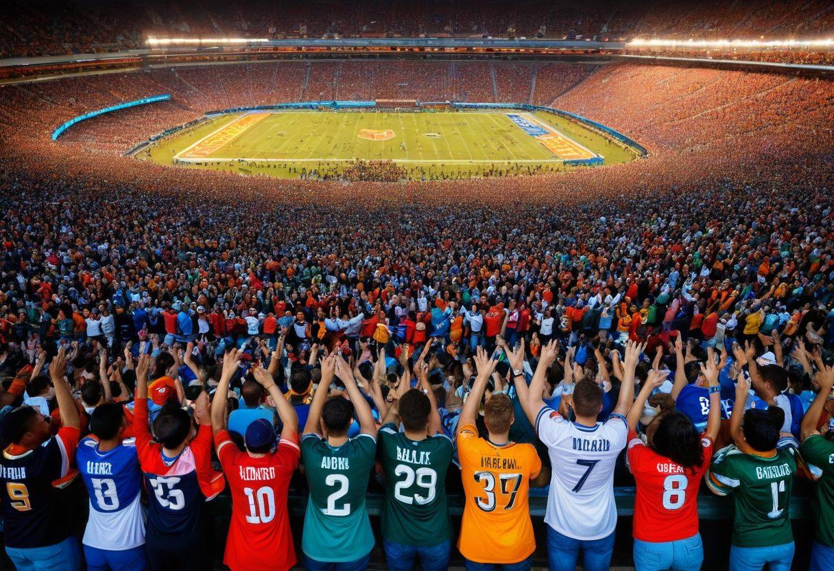 A dynamic scene showing diverse fans passionately cheering in stadium stands, their faces expressing joy and excitement. In the foreground, a close-up of a heart-shaped symbol made from various sports memorabilia, like jerseys and tickets, encapsulating the connection between fans and athletics. Bright colors and energetic movement capture the spirit of fandom. The background shows a blurred stadium filled with cheering fans. vibrant colors. super-realistic.