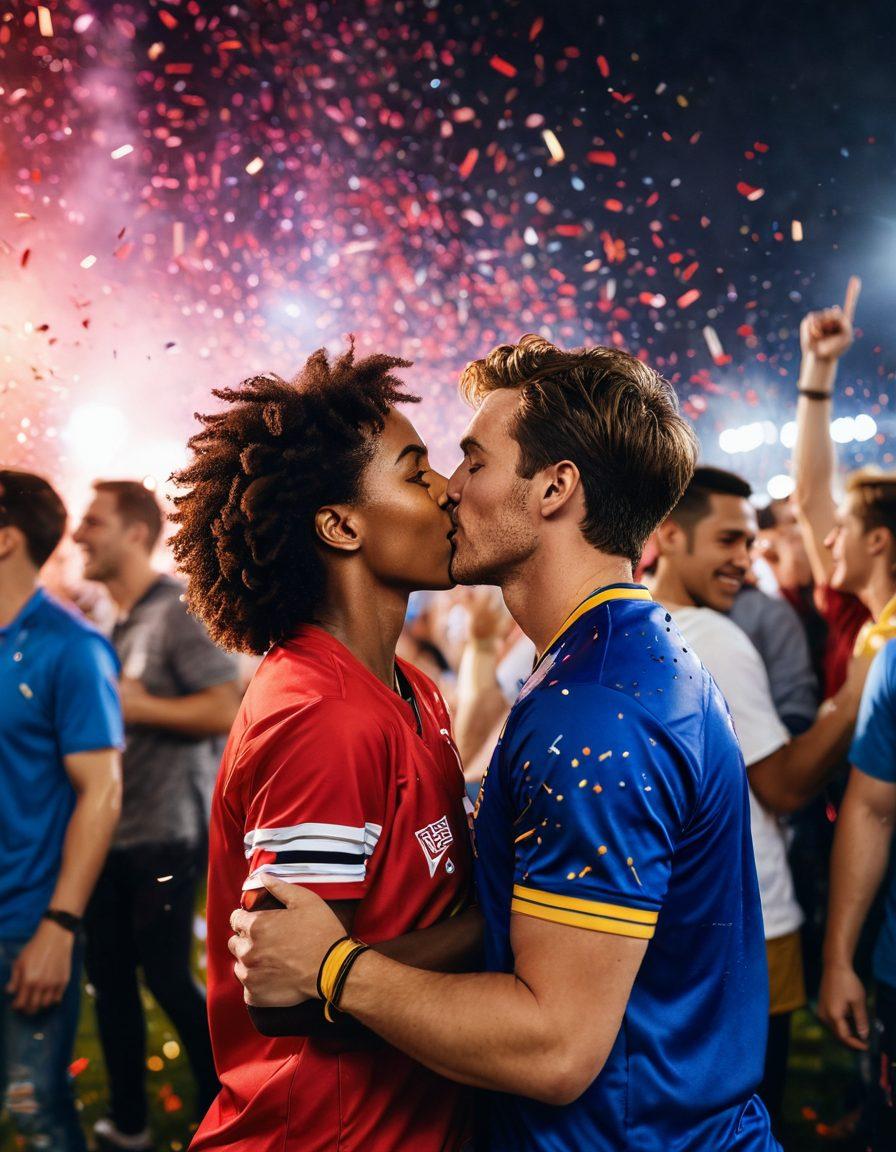 A vibrant scene capturing a diverse group of enthusiastic sports fans, adorned in their team's colors, joyfully celebrating in a stadium. In the foreground, a couple sharing a passionate kiss, illuminated by the evening lights, symbolizing love sparked by the thrill of the game. Surrounding them, confetti falls and everyone's faces glow with excitement, embodying the connection between sports, passion, and romance. super-realistic. vibrant colors. dynamic lighting.